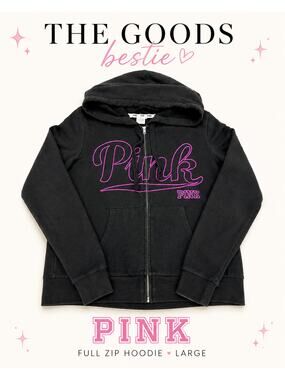 Victoria's Secret PINK Black Full Zip Hoodie Large Pink Spellout Fleece
